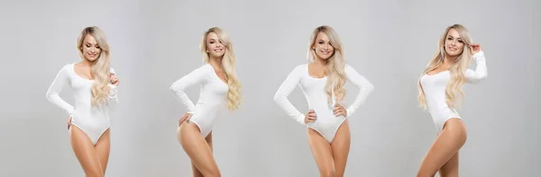穿着白色泳衣的年轻 健康和性感的女孩 演播室里的美女健康 体育和饮食概念 — 图库照片