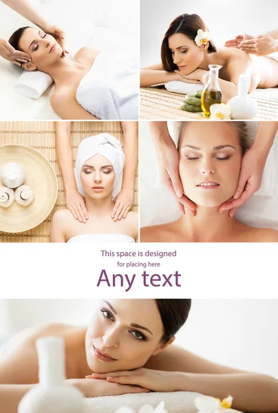 Giovani Belle Donne Spa Collage Immagini Diverse Concetti Guarigione Massaggio — Foto Stock