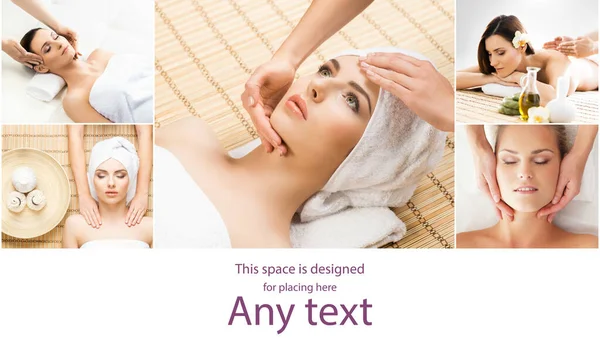 Giovani Belle Donne Spa Collage Immagini Diverse Concetti Guarigione Massaggio — Foto Stock