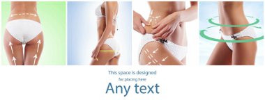 Formda ve beyaz mayo giymiş güzel bir kadın vücudu. Farklı fotoğrafların koleksiyonu.