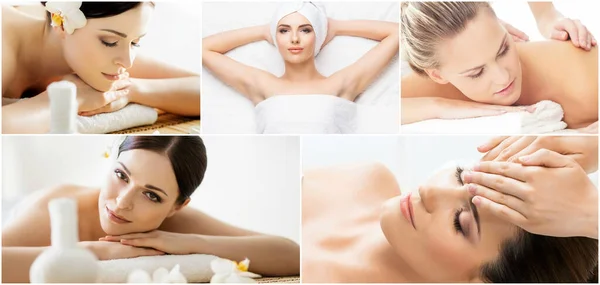 Jeunes Belles Femmes Spa Collage Différentes Images Concepts Guérison Massage — Photo