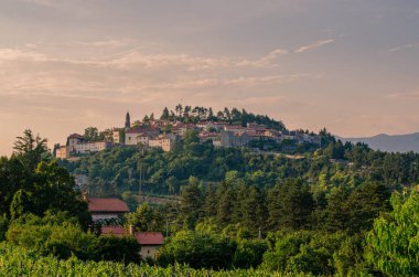 Manzara - Slovenya 'nın dağdaki eski bir kasabası (kasaba kalesi), yeşil orman ve pembe günbatımı gökyüzü