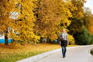 Şehir parkında yürüyen zarif kendine güvenen kadın