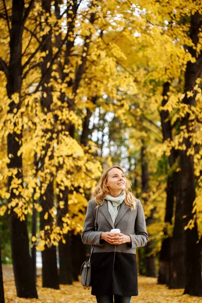 Młoda piękna kobieta spaceruje w jesiennym parku — Zdjęcie stockowe