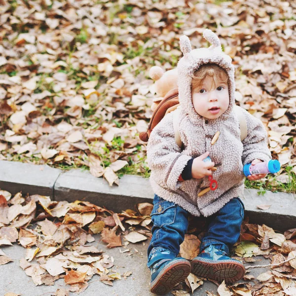 Cute toddler with animal ears hood sitting in golden leaves — Stock Photo, Image