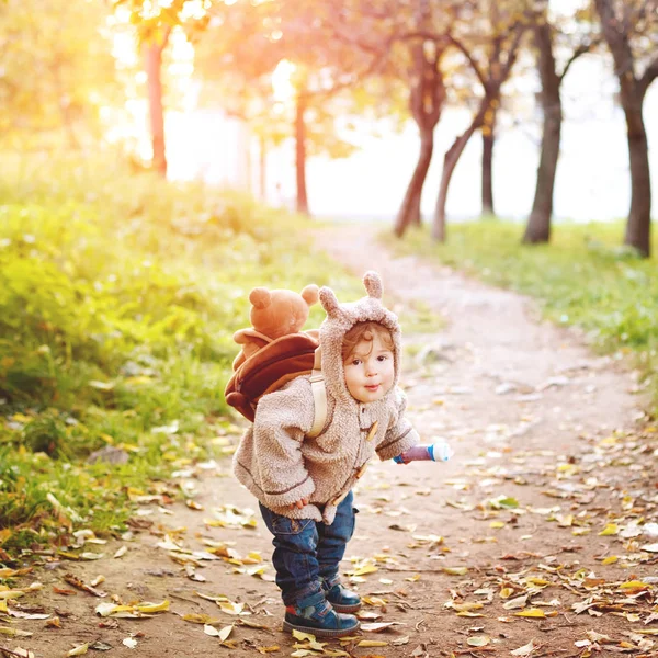 Aranyos vicces kisgyermek ősszel parkban séta — Stock Fotó
