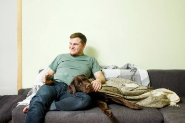 Evcil köpeği Labrador Retriever 'la kanepede oturan yakışıklı adam dizlerinin üzerinde yatıyor, köpek köpek köpek terapisi konsepti.