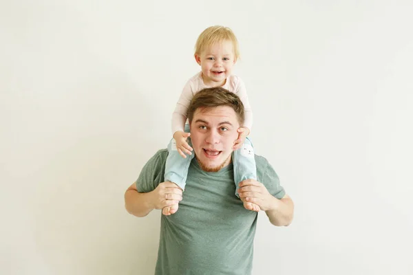 Young Handsome Father Holding Cute Baby Daughter Kid Shoulders Light — Stock Photo, Image