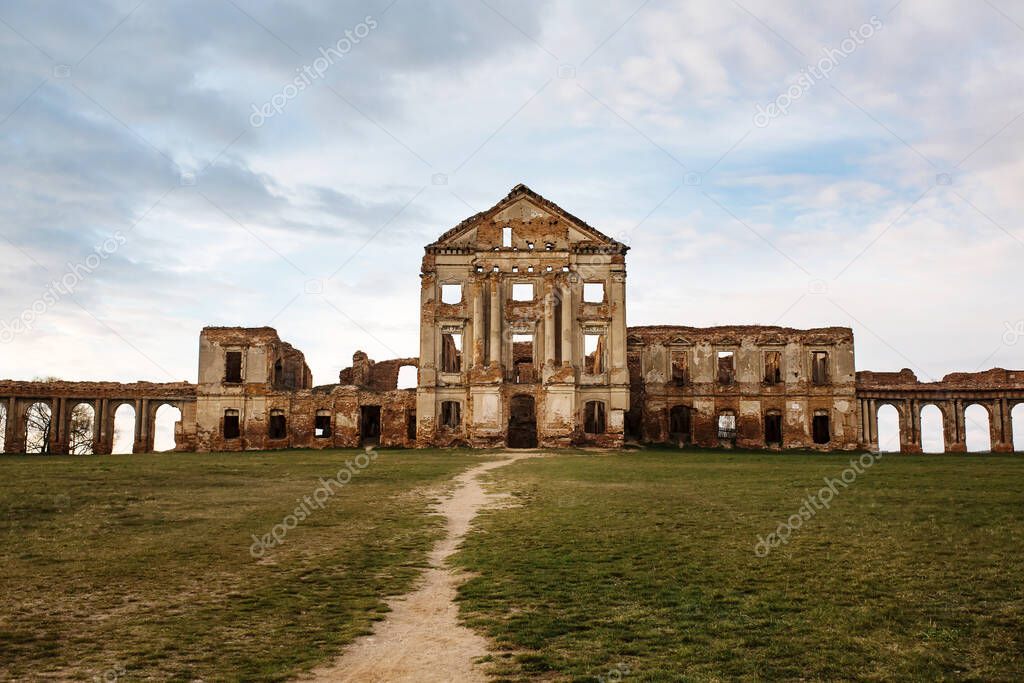 Ruzhany Palace, ruined building of Sapieha in village, Pruzhany district, Brest province, Western Belarus, front view
