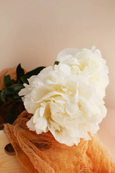 Flower composition with white peonies on peach color background