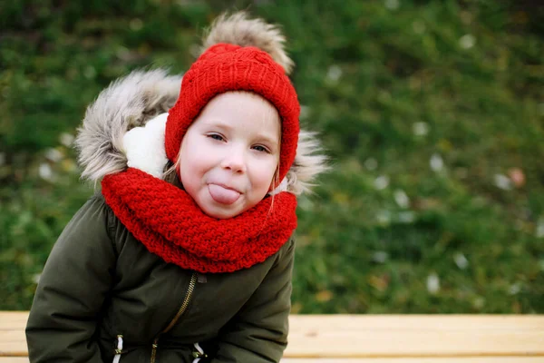 Cute Little Funny Girl Kid Years Red Knitted Hat Scarf — Stock Photo, Image