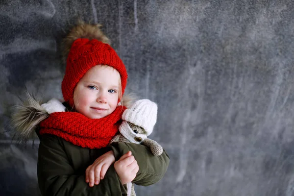 Close Portrait Cute Little Kid Girl Red Hat Scarf Hugging — Stock Photo, Image