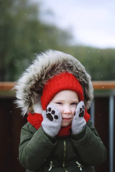 Portrait Cute Sweet Little Girl Warm Outerwear Clothing Hood Outdoors — Stock Photo, Image