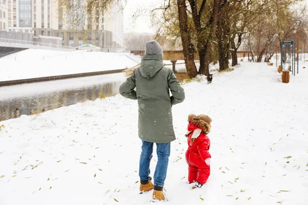 겨울에는 알아볼 수없는 여자가 눈덮인 공원에서 아기와 공원을 — 스톡 사진
