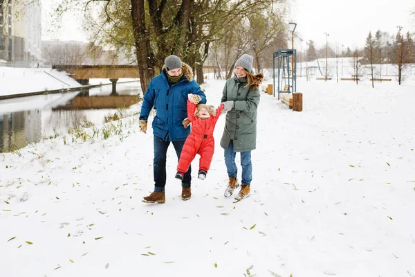 Full Height Happy Family One Toddler Winter Casual Oufit Walking — Stock Photo, Image