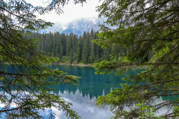 Lago Carezza Com Reflexo Montanhas Nas Dolomitas Sul Tirol Itália — Fotografia de Stock