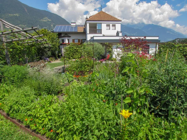 Dům Zahradou Solární Panely Střeše Lana Regionu Jižní Tyrolsko Itálie — Stock fotografie