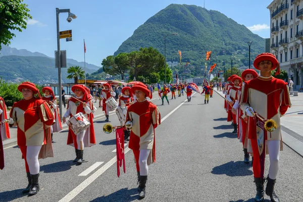 Lugano Suiza Junio 2017 Desfile Músicos Abanderados Para Festival Del — Foto de Stock