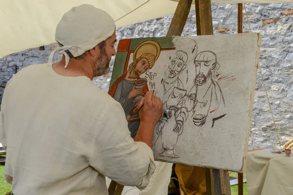 Bellinzona Suiza Mayo 2018 Pintura Hombre Mercado Medieval Del Castillo — Foto de Stock