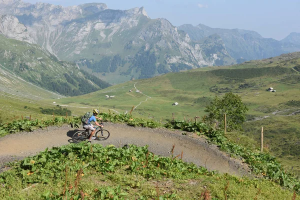 Jochpass Switzerland August 2018 Boy His Mountain Bike Going Path — Stock Photo, Image
