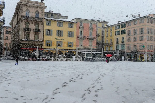 Lugano Suíça Março 2016 Praça Principal Riforma Com Prefeitura Neve — Fotografia de Stock