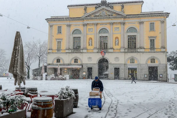 Lugano Switzerland March 2016 Main Square Riforma Town Hall Snow — Stock Photo, Image