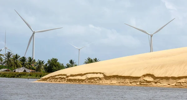 Větrné Mlýny Písečných Dunách Lencois Maranhenses Poblíž Atins Brazílii — Stock fotografie