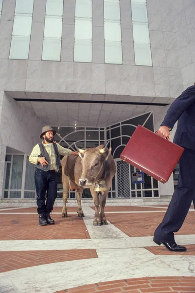 Agricoltore orgoglioso con la sua mucca di fronte a una banca e un uomo d'affari alcol — Foto Stock