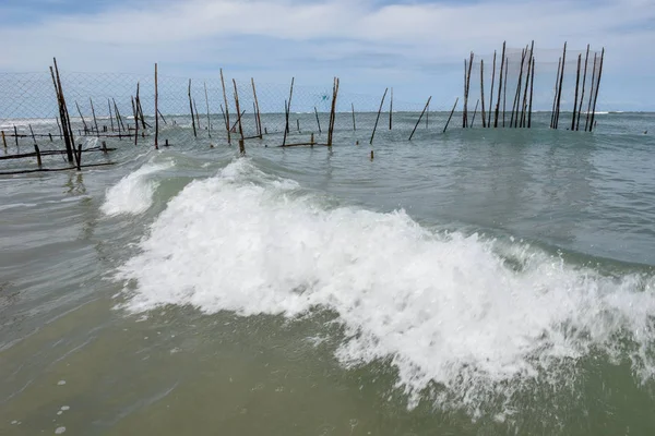 Trästolpe för sträcknät fiskfälla från stranden i se — Stockfoto
