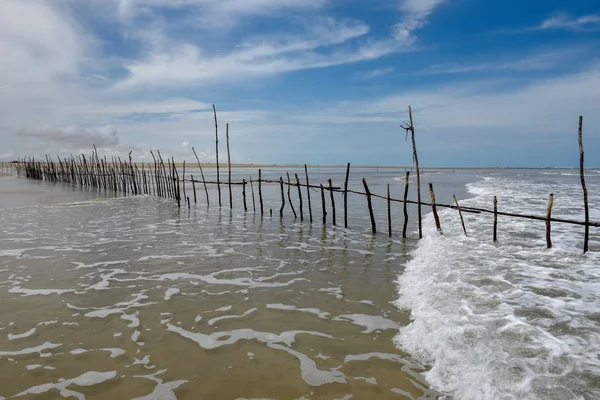 Trästolpe för sträcknät fiskfälla från stranden i se — Stockfoto