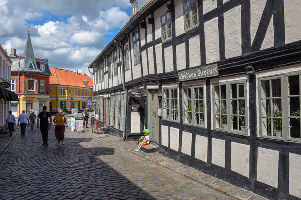 Ebeltoft, Denmark - 22 June 2019: the traditional historic village of Ebeltoft on Jutland in Denmark