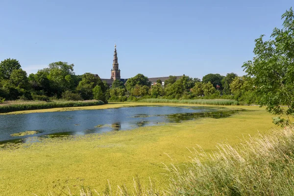 Пейзаж с церковной башней нашего спасителя в Копенгагене, Де — стоковое фото