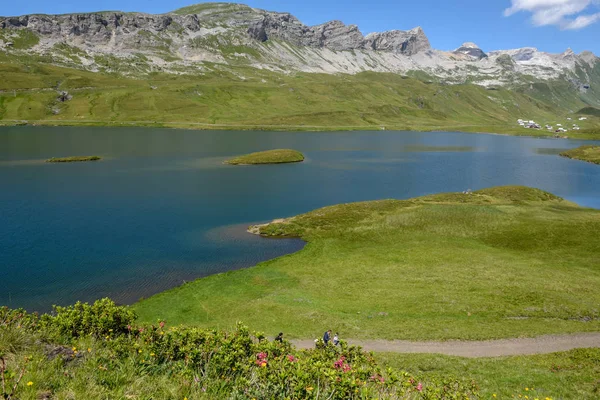 Vista al lago Tannensee sobre Engelberg en los Alpes suizos —  Fotos de Stock