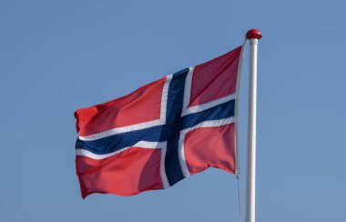 Norveç bayrağı sallayarak karşı mavi gökyüzü