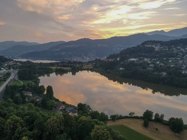 Areal Sonnenuntergang Über Dem Muzzanosee Bei Lugano Der Italienischen Schweiz — Stockfoto