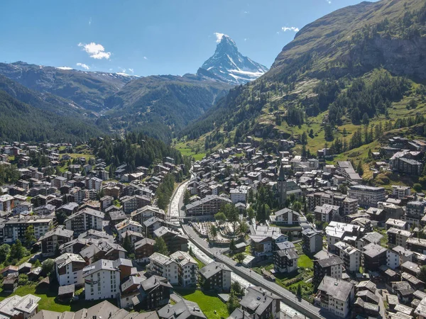 Prawdziwy Widok Miasto Zermatt Szwajcarskich Alpach — Zdjęcie stockowe