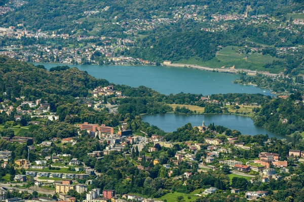 Pemandangan Udara Danau Muzzano Dan Lugano Swiss — Stok Foto