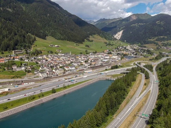 Flygfoto Över Byn Airolo Schweiziska Alperna — Stockfoto