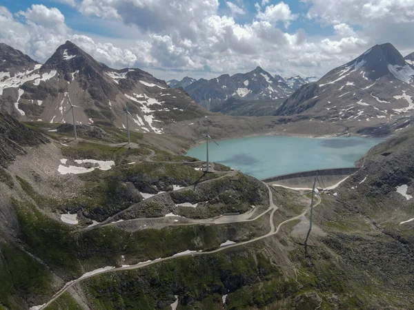Dam Windmolenpark Nufenen Pas Zwitserse Alpen — Stockfoto
