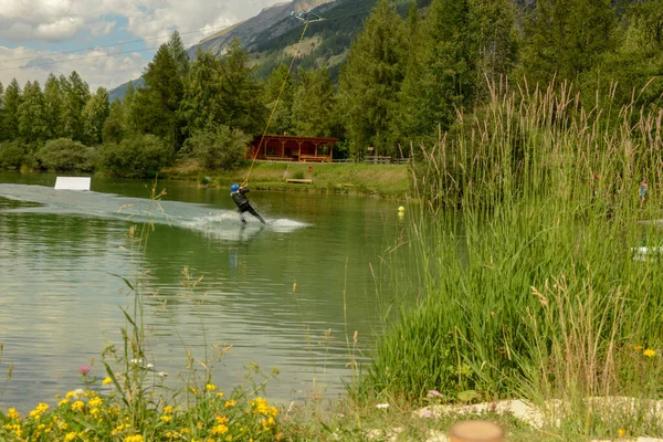 Tasch Switzerland July 2020 Man Practicing Wakeboard Lake Tasch Swiss — Stock Photo, Image