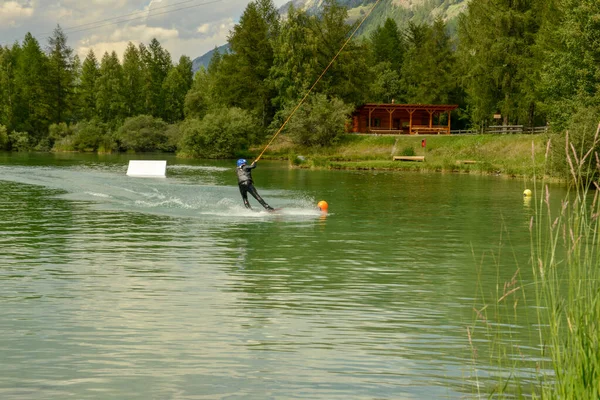 Tasch Switzerland July 2020 Man Practicing Wakeboard Lake Tasch Swiss — Stock Photo, Image