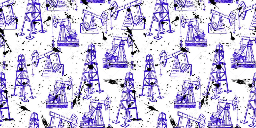 seamless of derrick and pump jack. oil industry. hand drawn flourish blue ink sketches.