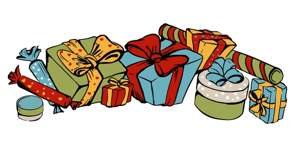 Dibujo vectorial de color de los regalos en la envoltura de vacaciones con cinta — Vector de stock