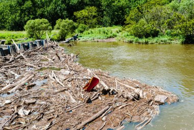 Mississauga, Kanada - 05 Ağustos 2017: Dalgaların karaya attığı odun ve diğer enkaz batık bir Kano da dahil olmak üzere, Erindale park kredi nehrinde bir bariyer, yaz aylarında kazık kadar.