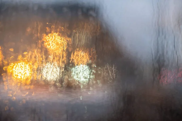 Yellow Bokeh Blurred Lights Street Foggy Window Outdoor Lighting — Stock Photo, Image