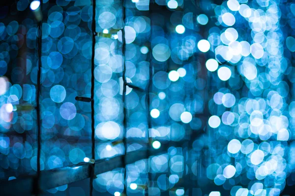 Azul Bokeh Borrosa Luces Fondo Decoración Guirnaldas Para Celebración Del — Foto de Stock