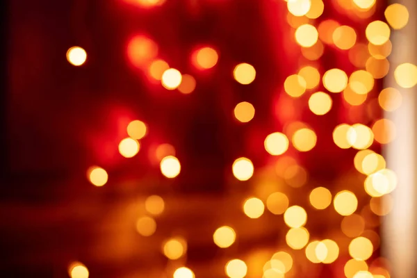 Bokeh Rojo Borrosa Luces Fondo Decoración Guirnaldas Oro Para Celebración — Foto de Stock