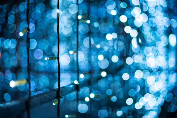 Azul Bokeh Borrosa Luces Fondo Decoración Guirnaldas Para Celebración Del — Foto de Stock