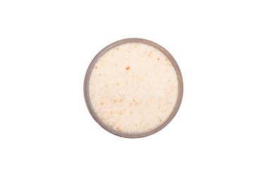 Himalaya tuz kase, izole, yakın, makro, üstten görünüm. Lezzet yemek baharat pembemsi renk tonu. Doğal sindirim yardım, hava temizleyici ve uyku uyarıcı için kullanılan