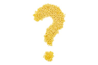 Darı kabuğu çıkarılmış tane, soru işareti, yakın çekim, görünümü top. Gluten Free ve alerjik olmayan tahıl kullanımda vejetaryen mutfağı.